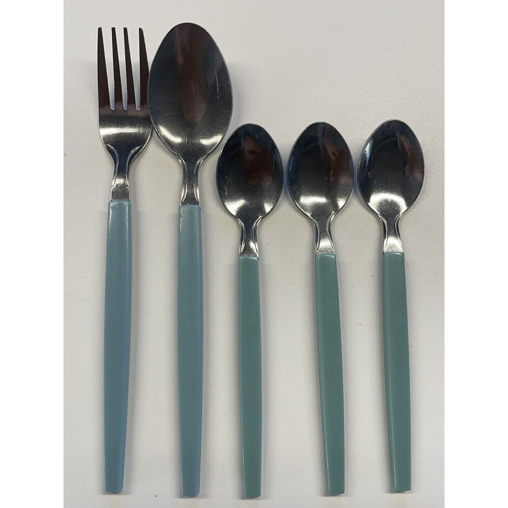 Vintage MCM carve Muffin Style Milky Blue Flatware Fork Spoon Lot Of 5